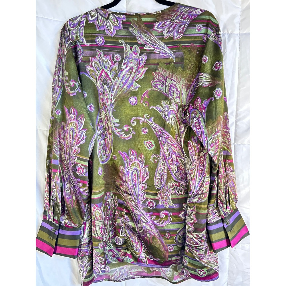 Belle Kim Gravel Paisley Print Button Front Tunic Top Women 1X Olive Purple - Picture 7 of 8